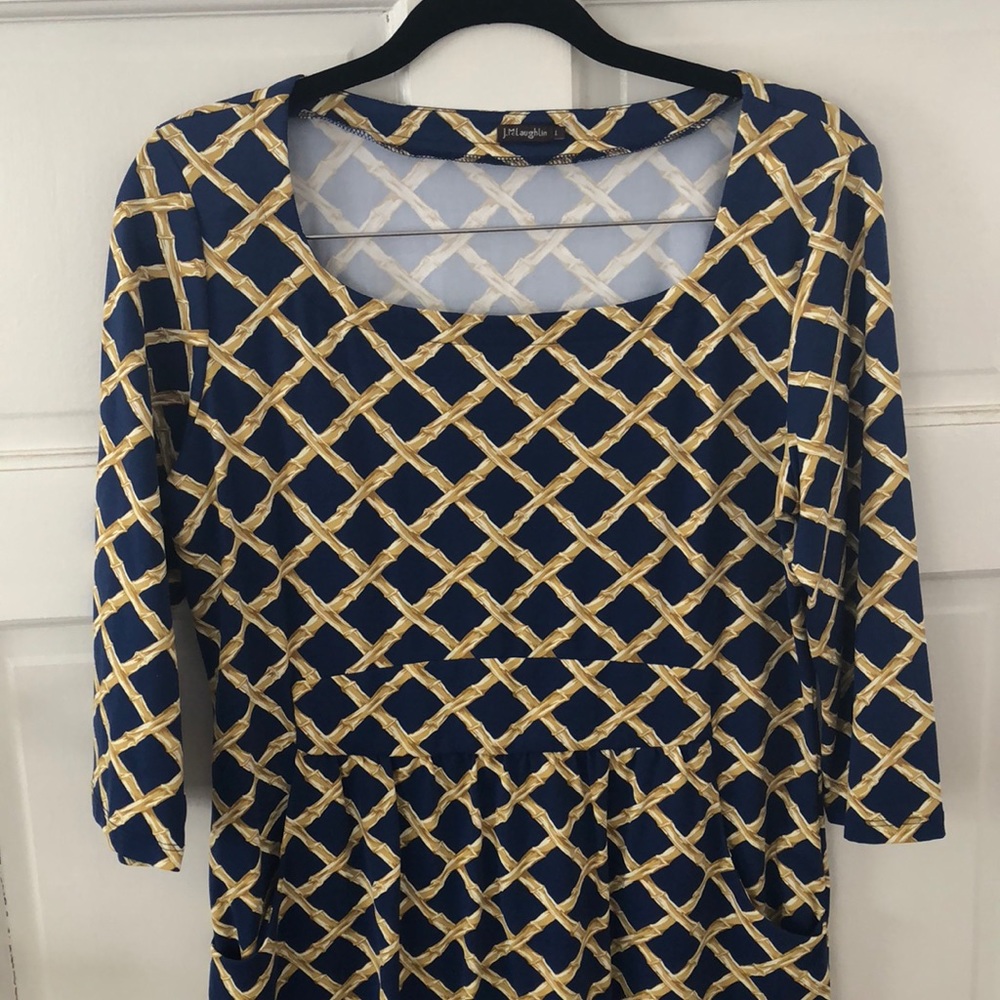 J. McLaughlin Blue and Gold Long Sleeve Dress - L